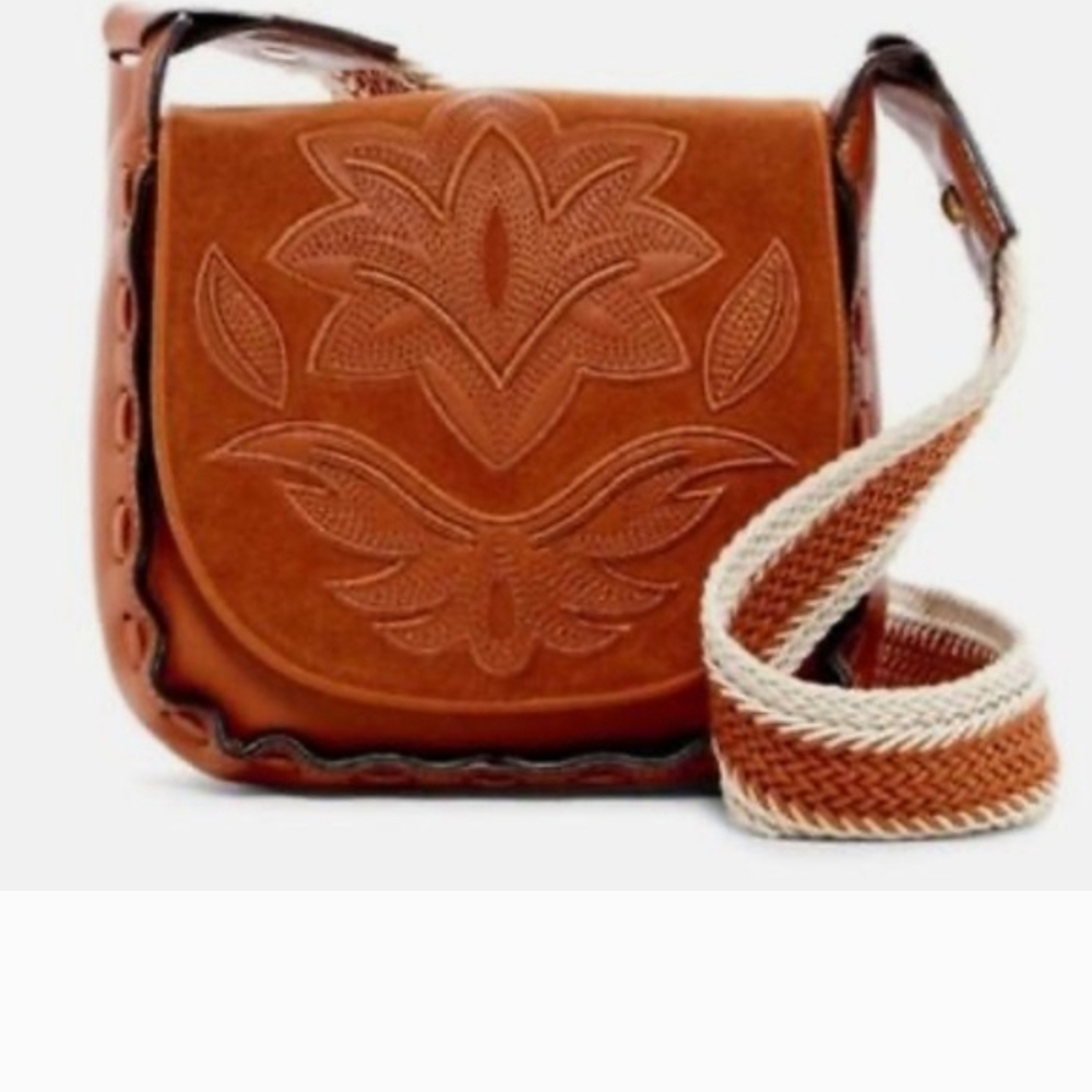 Sam Edelman Tan Embossed Leather Crossbody with Woven Strap